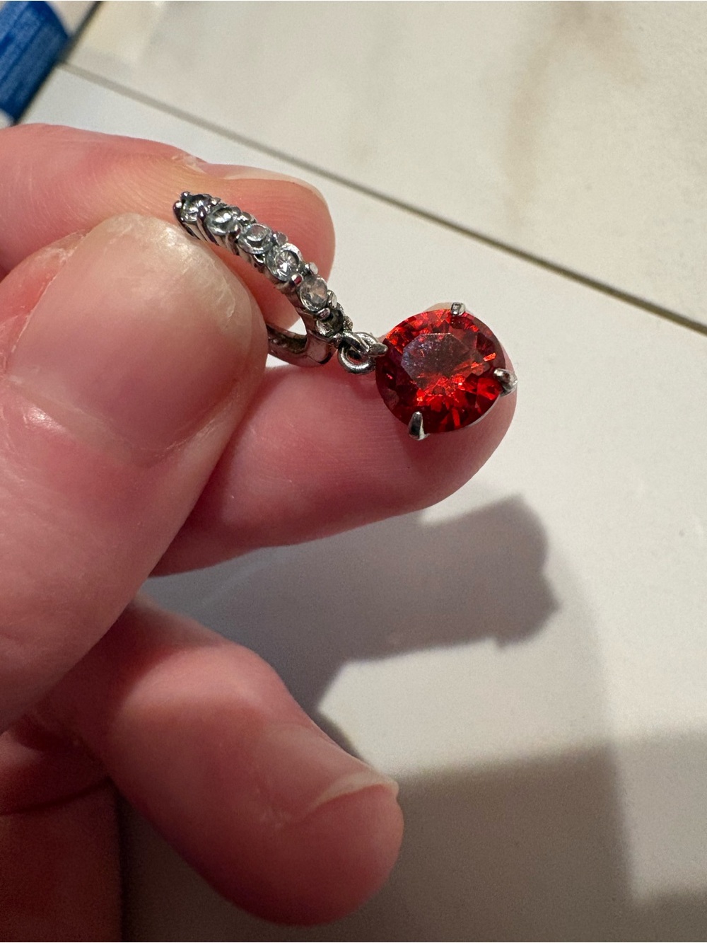 Bright Red Crystal Drop Hoop Earring with Silver Accents